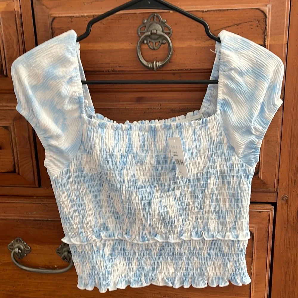NWT Lush Women’s blue and white cropped top, size medium.